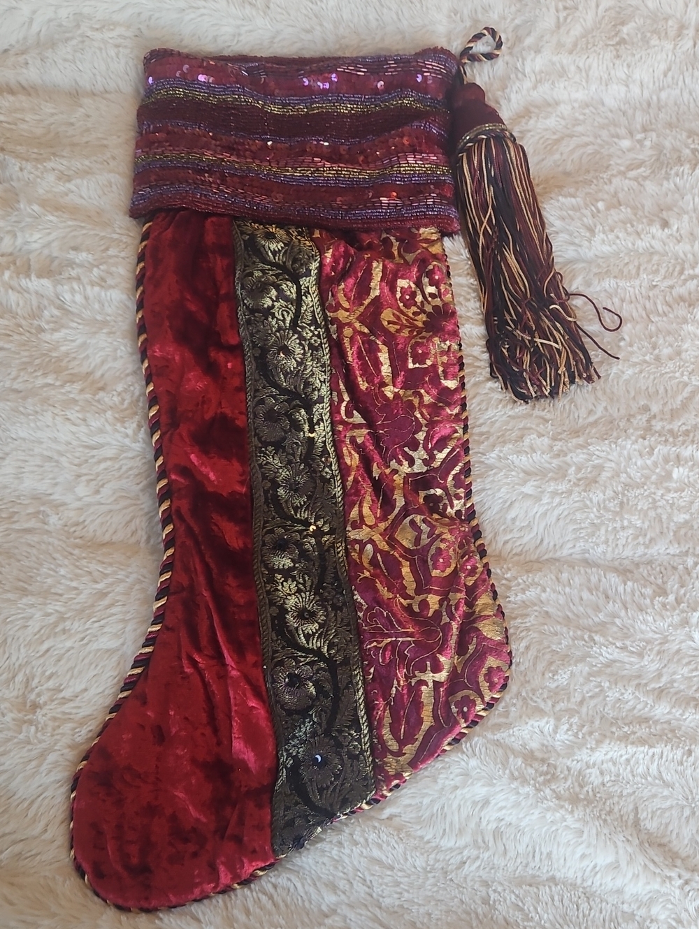 Bombay Red and Gold Velvet Decorative Stocking with Tassel